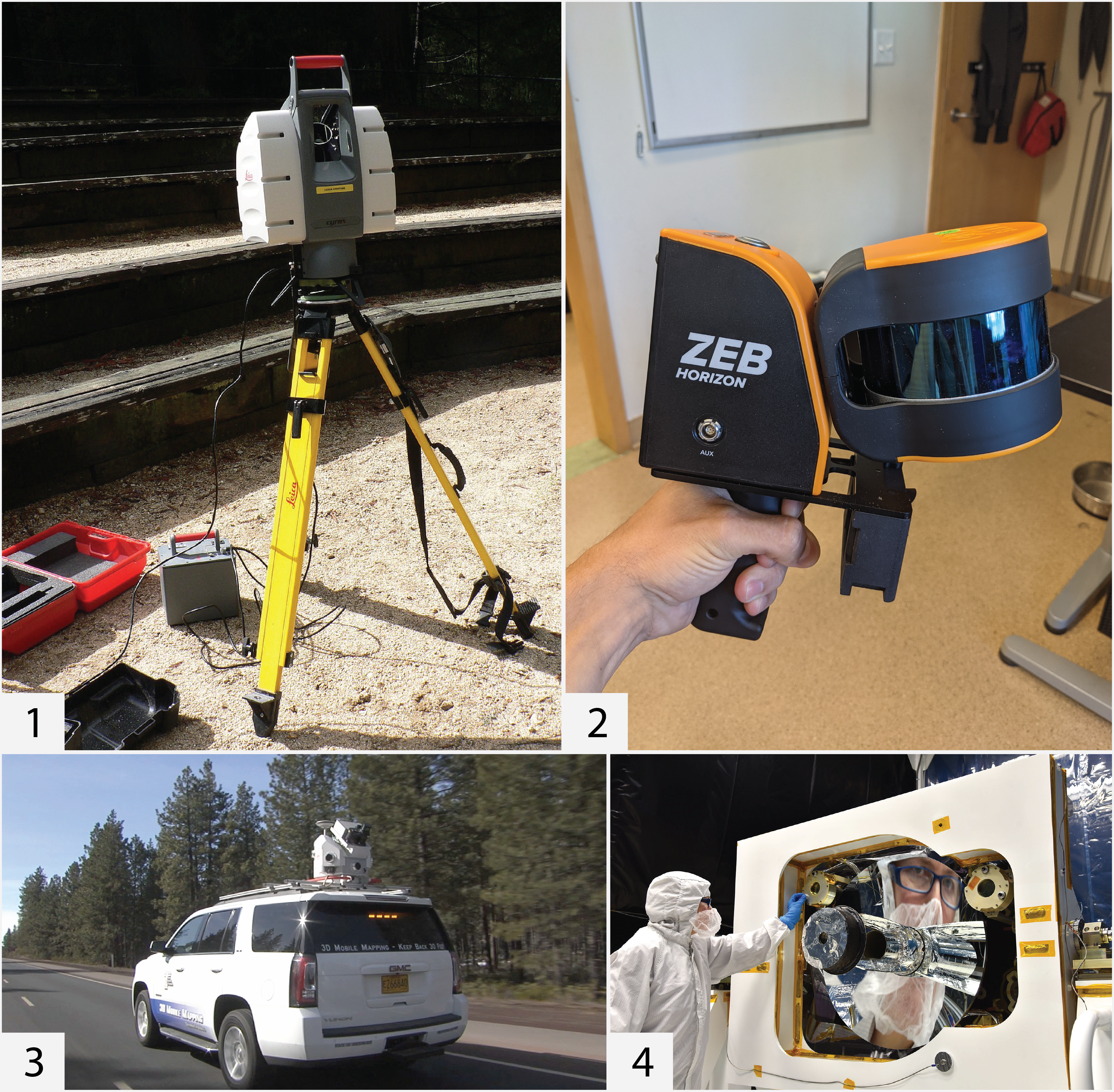LiDAR Platforms 1: A terrestrial laser scanner (TLS). ('Lidar P1270901.jpg', @Monniaux, CC-BY-SA-3.0). 2: A hand-held moblie laser scanner (MLS). (Du Toit, CC-BY-4.0). 3: Car mounted MLS. ('3D mobile mapping unit', @OregonDepartmentofTransportation2016, CC-BY-2.0)'. 4: GEDI, a spaceborne LiDAR sensor. ('A New Hope: GEDI to Yield 3D Forest Carbon Map', @NEONEducation2014, CC-BY-2.0).