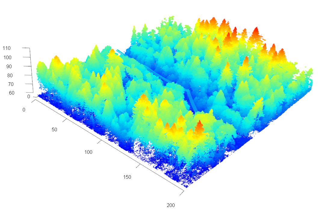 An example of a typical LiDAR point cloud containing 3.14 million points at approximately 80 points·m^-2^. The point cloud shows a 200 x 200 meter portion of Pacific Spirit Regional Park in Vancouver, and is part of the [2018 City of Vancouver dataset](https://opendata.vancouver.ca/explore/dataset/lidar-2018/). (Du Toit, CC-BY-4.0).